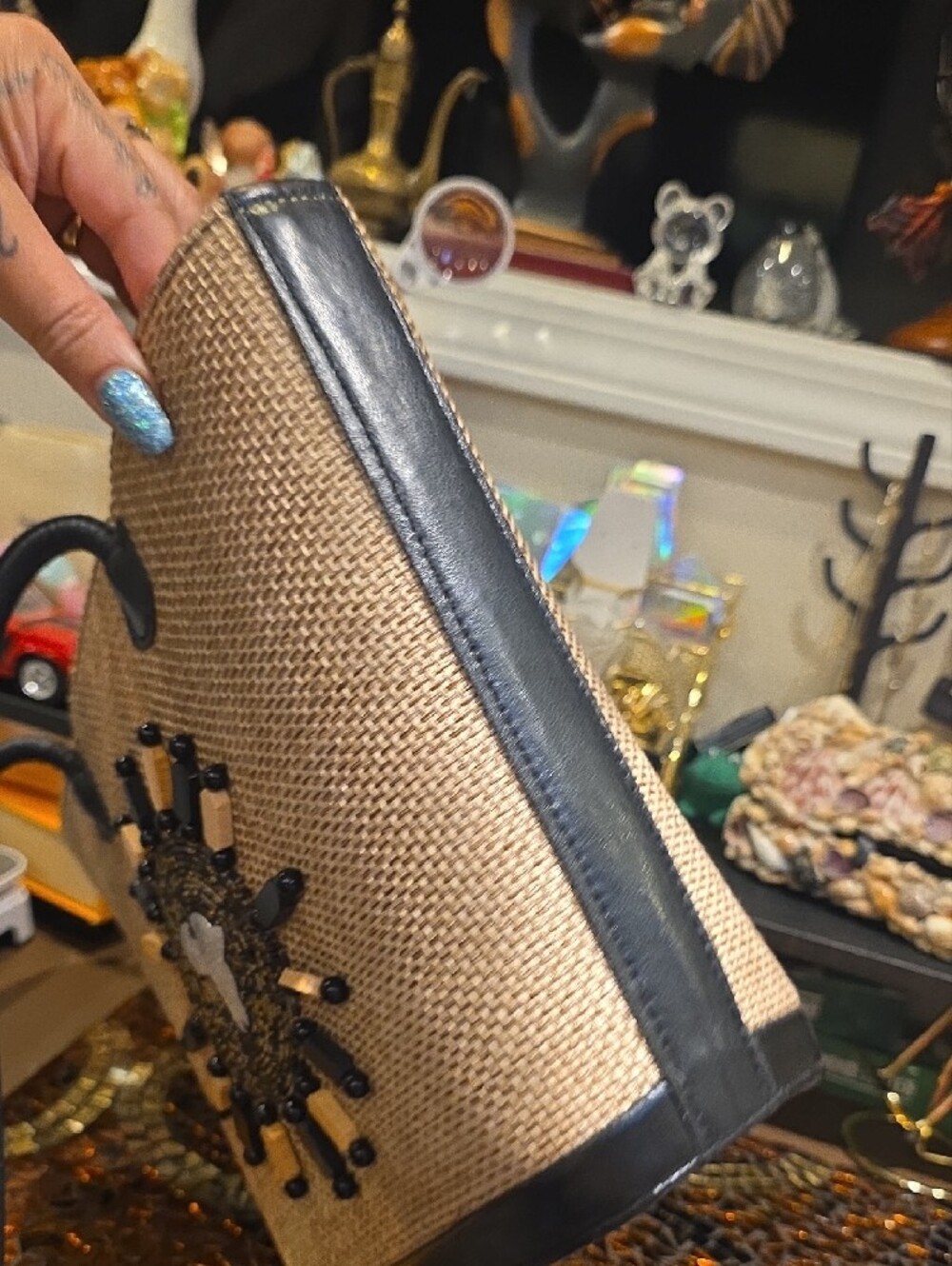 Woven Straw Tote Bag with Beaded Sunburst Accent in Natural and Black - Picture 4 of 7